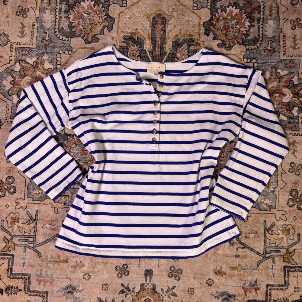 Sezane Coeur Mariniere Striped Henley Top Navy White Organic Cotton Small Fall